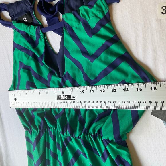 Iz Byer Women Maxi Dress size M Sleeveless Halter V-cut Stretchy Green & Blue - Picture 4 of 9